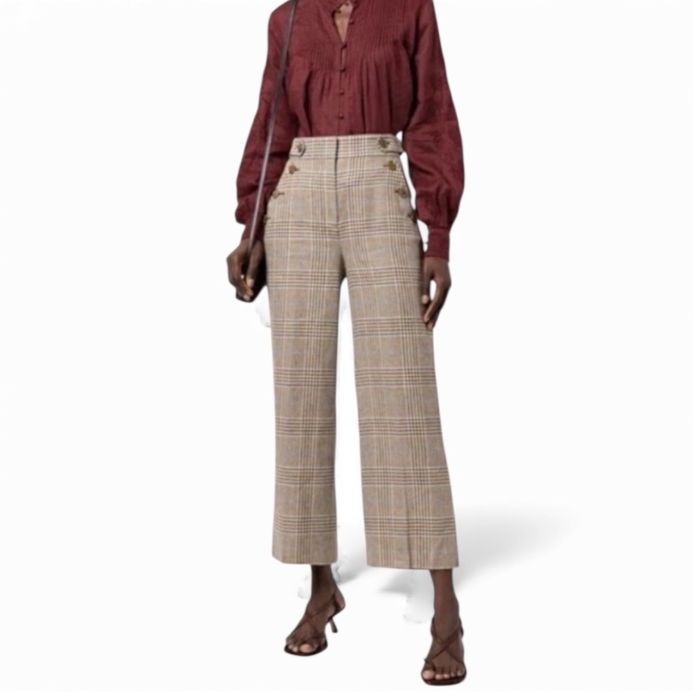 Veronica Beard Hunter Plaid Wide-leg Cropped Pant Camel/Blue Multi